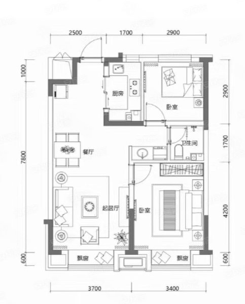 17高层户型, 2室2厅1卫1厨, 建筑面积约83.17平米