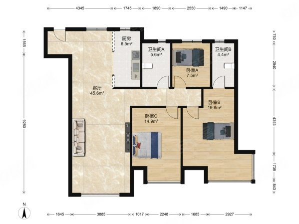 急楼下万达地铁轻轨天街万达公园one3室2厅南北