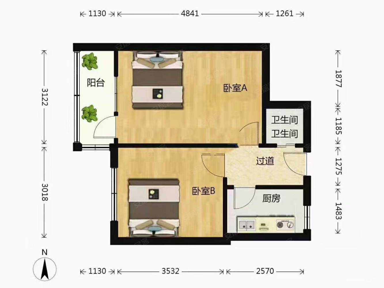 二路套二精装婚房54平100万,二路小区二手房,100万,2室0厅,1