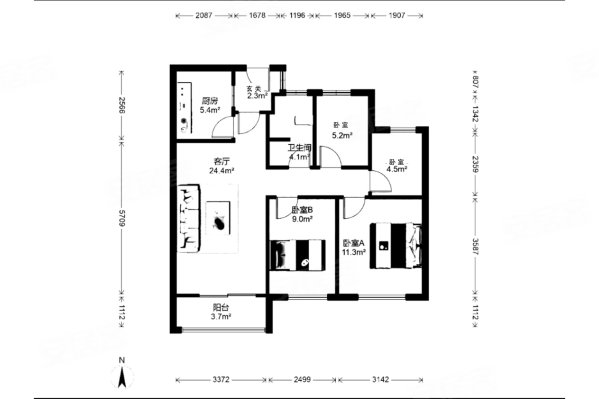 万科森林公园朗庭3室2厅1卫90.98㎡南296万