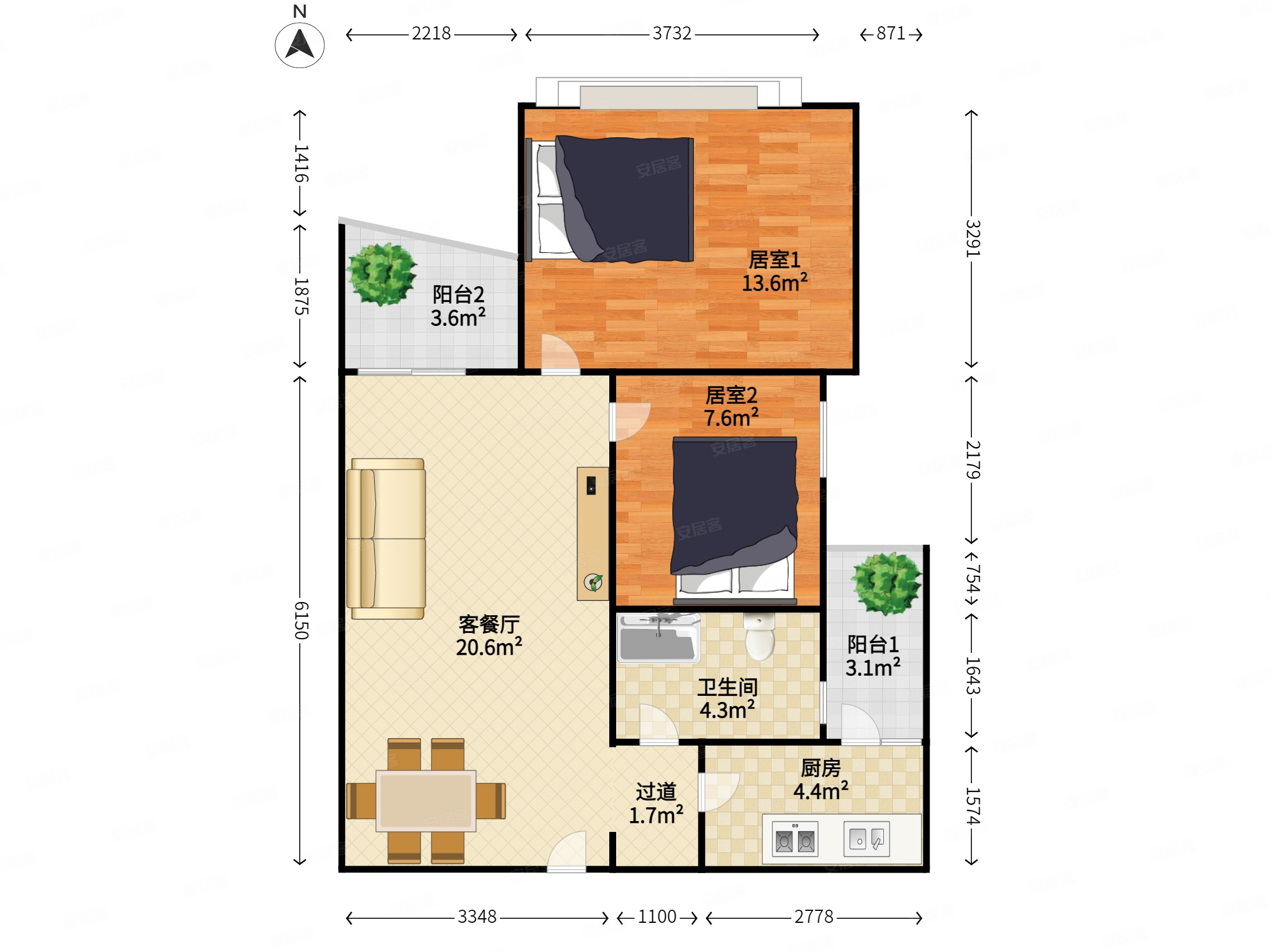 英豪花园2室2厅1卫72.28㎡南北330万