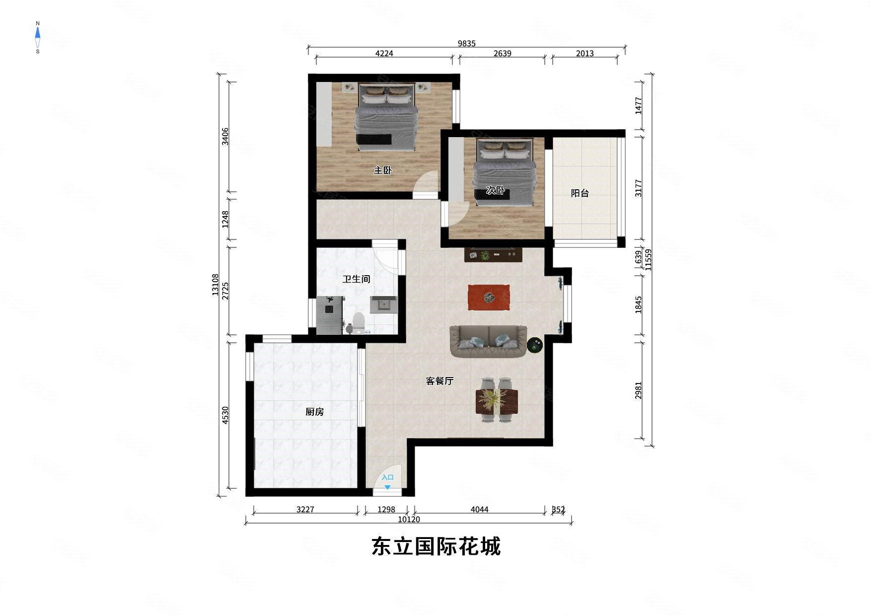 东立国际花城2室2厅1卫80.27㎡南北115万