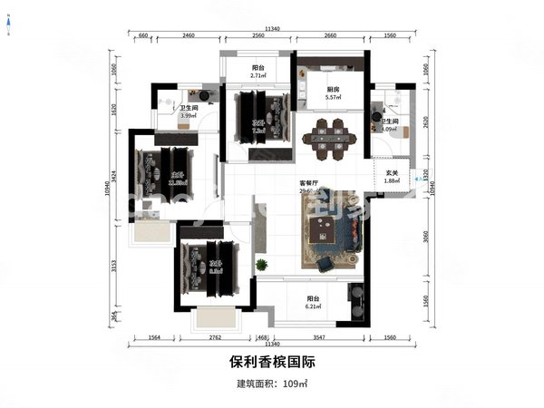 福州晋安东二环保利香槟国际保利香槟国际 3室2厅2卫 5500元月 南北