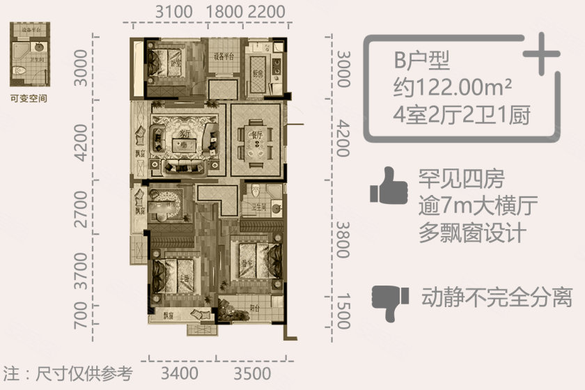万达之上 湖东之心丨赞成海月122㎡户型样板间赏析