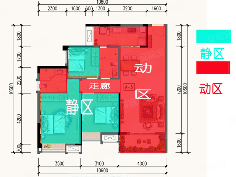 建筑面积为106平,三室两厅双卫设计,a3户型的动静分区还是比较合理