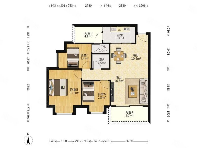 京华奥园A区3室2厅2卫88.87㎡南200万