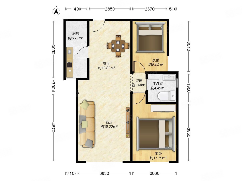 彩虹新城2室2厅1卫88.56㎡东南380万