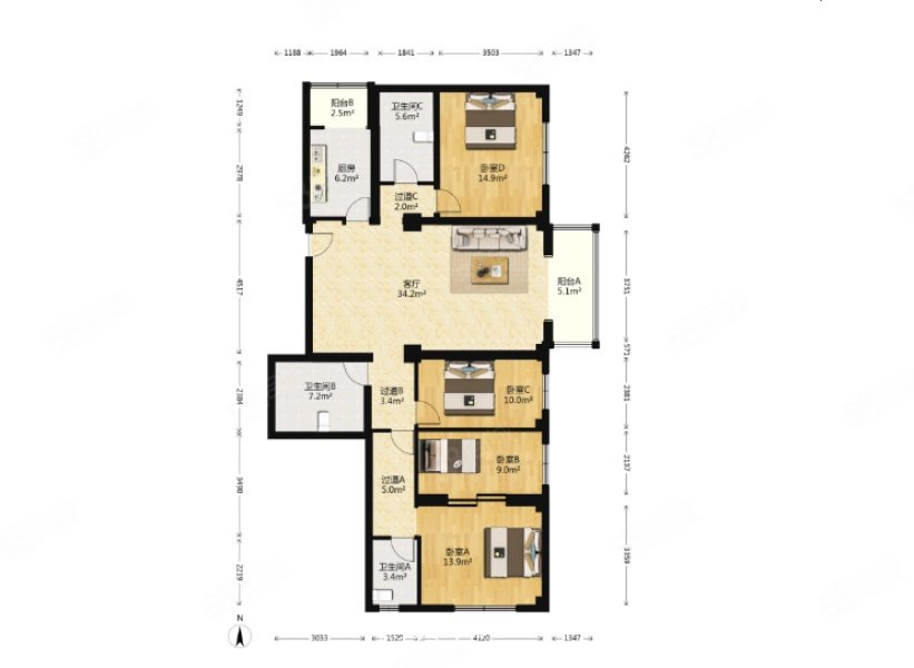 日壇晶華3室2廳3衛(wèi)186.61㎡南北1600萬(wàn)