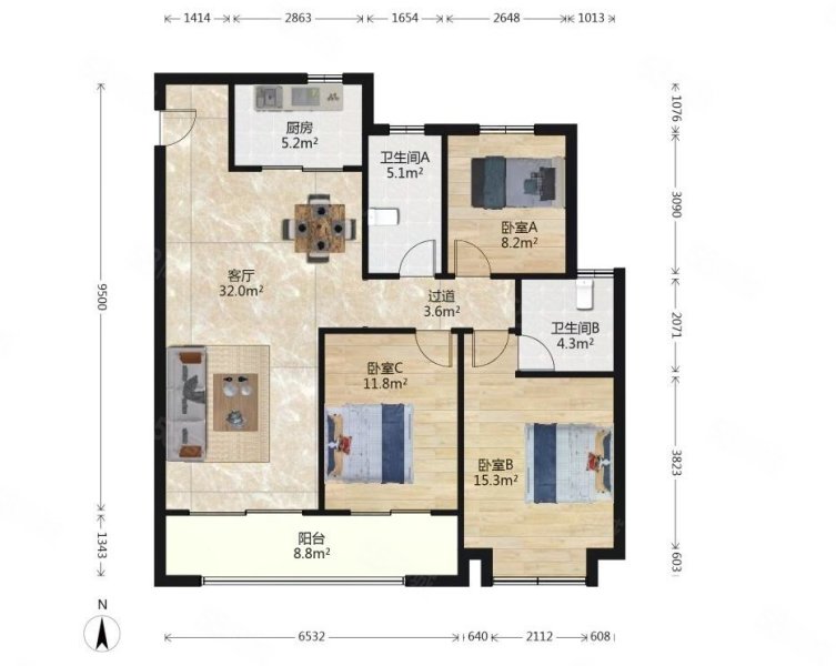 江与城3室2厅2卫120.26㎡南北348万