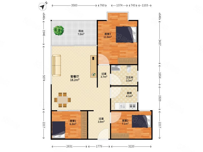 英达钰龙园3室2厅1卫60.9㎡西北490万