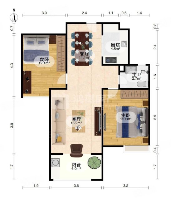 绿地新都会2室2厅1卫87.17㎡南北95万