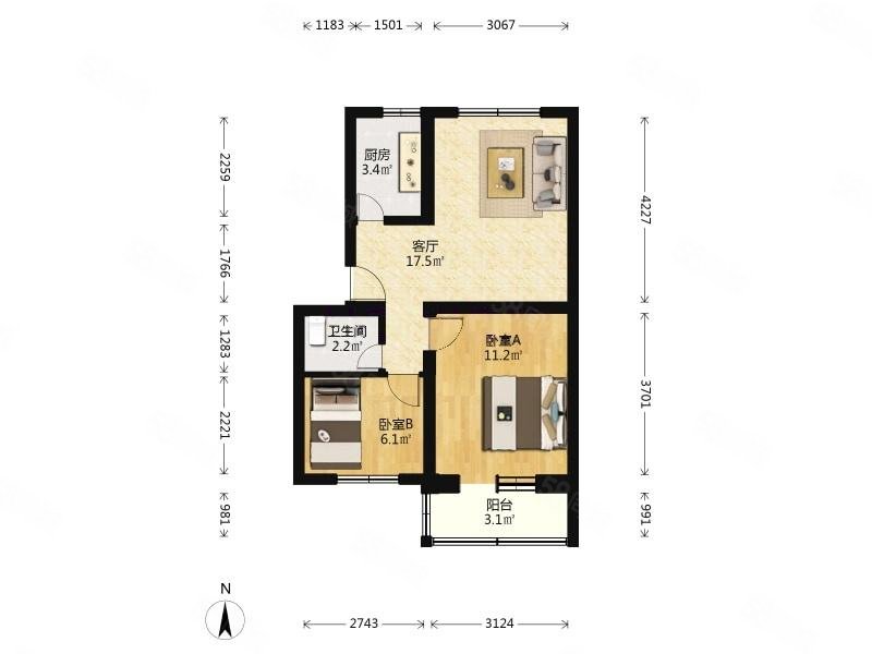 老山西街27号院2室1厅1卫56.45㎡南北305万