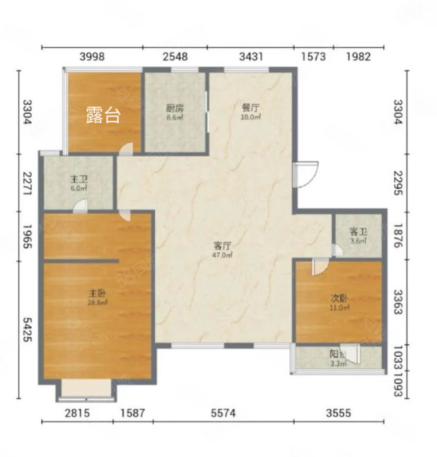 万科魅力新城二期2室2厅2卫120.38㎡南北290万