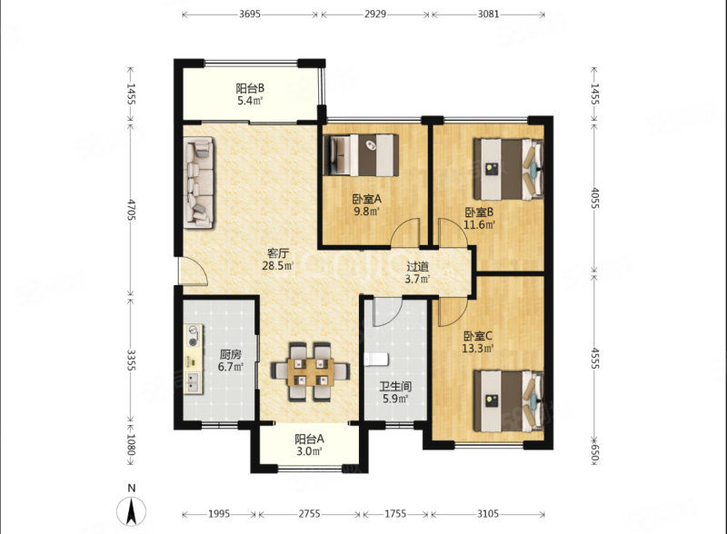 经世龙城3室2厅1卫110㎡南北53.8万