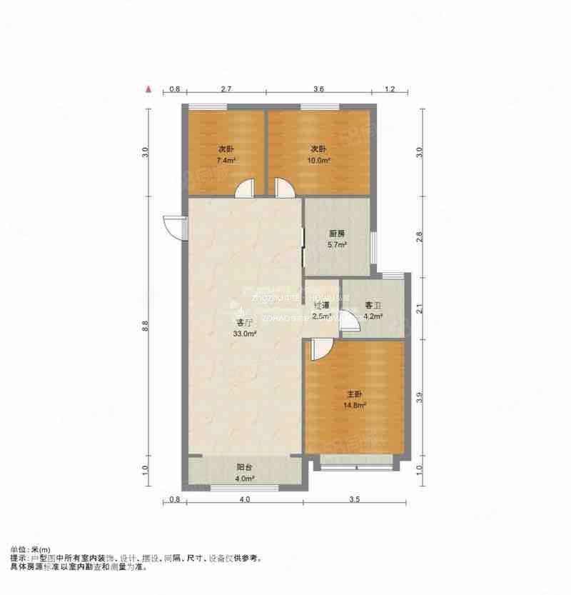 万达华府3室2厅2卫115.25㎡南北223万