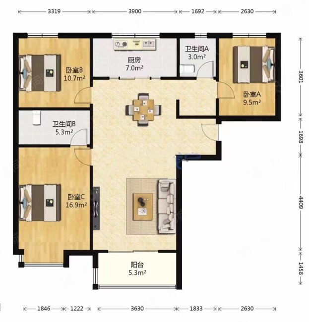 中国铁建万科翡翠国际3室2厅2卫127.36㎡南北310万