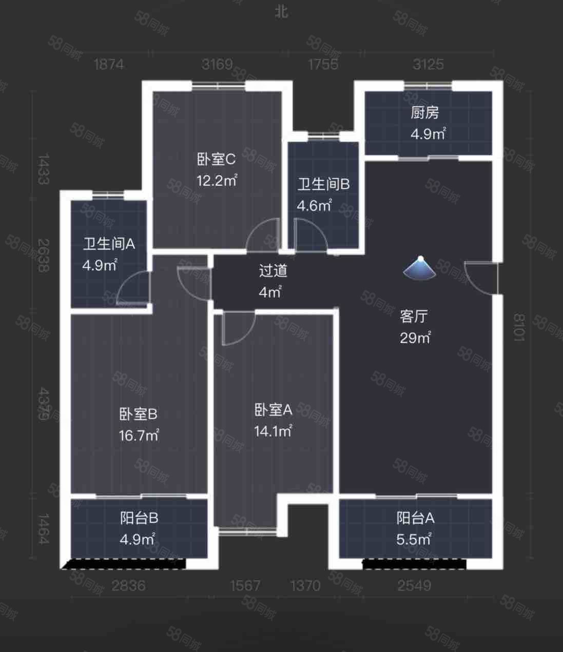 户型方正南北通透 中间楼层采光无遮挡,恒源紫芸-昆山58同城