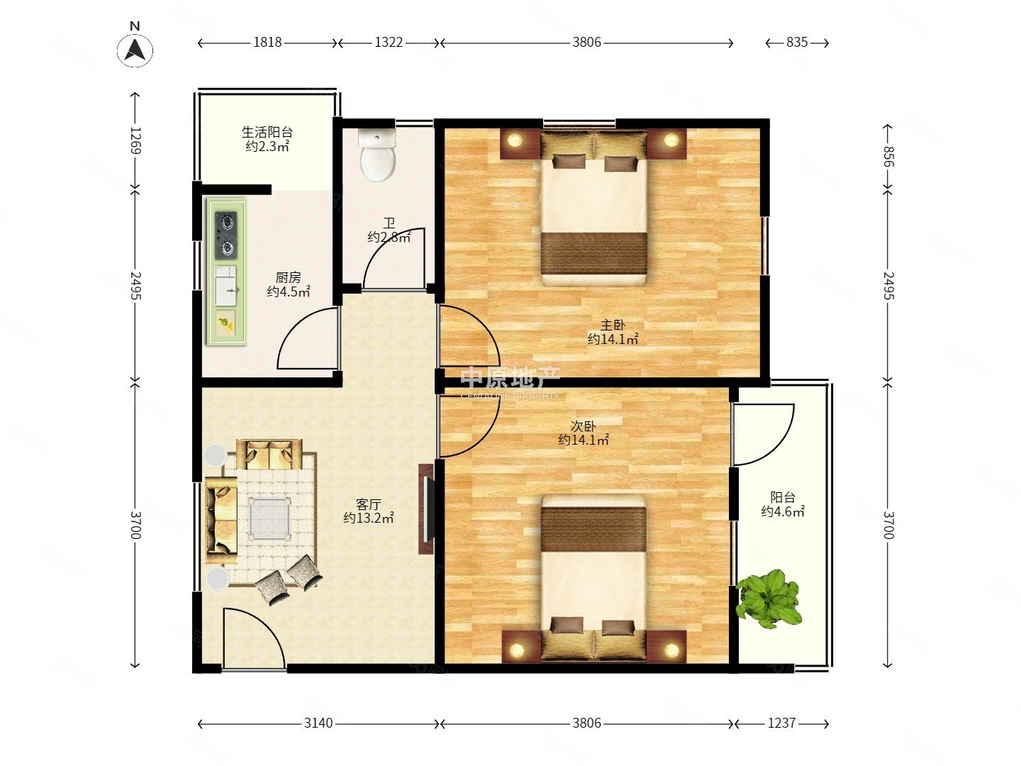 越华大院2室1厅1卫64㎡南北290万