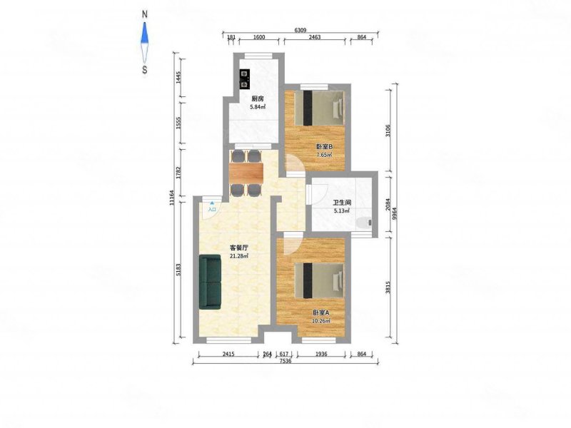 万棵树2室2厅1卫83.98㎡南北165万