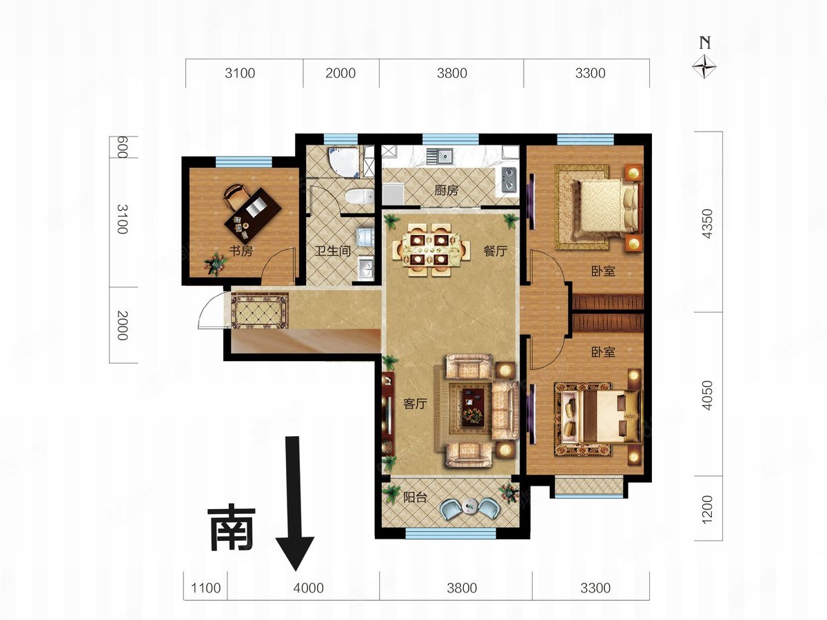富力城3室2厅1卫124㎡南北80万