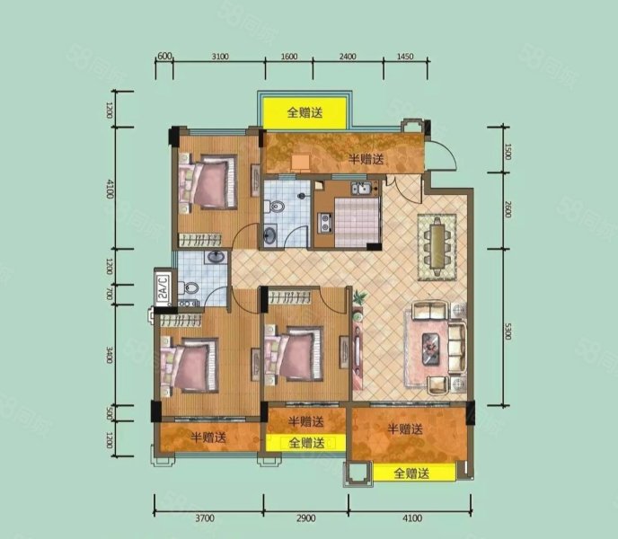 御花园3室2厅2卫121.2㎡南北58万