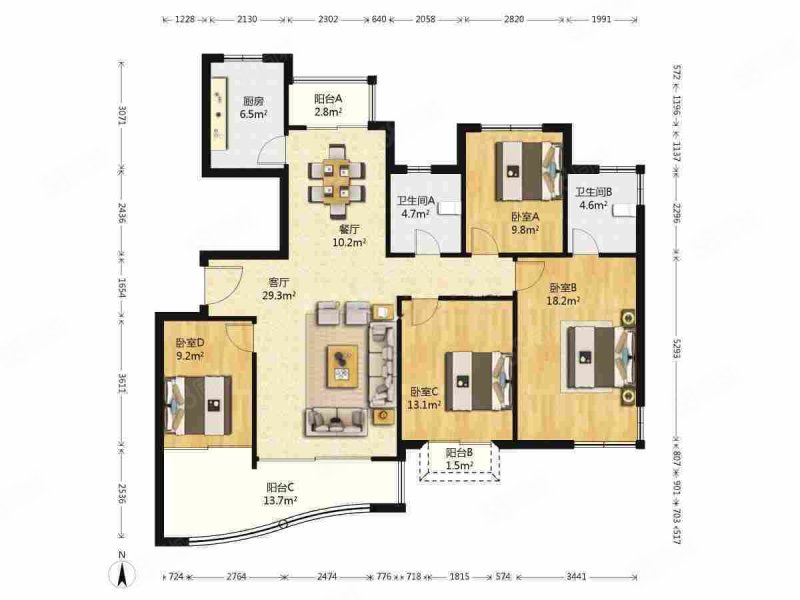 名嘉新苑4室2厅2卫146.61㎡南北1050万