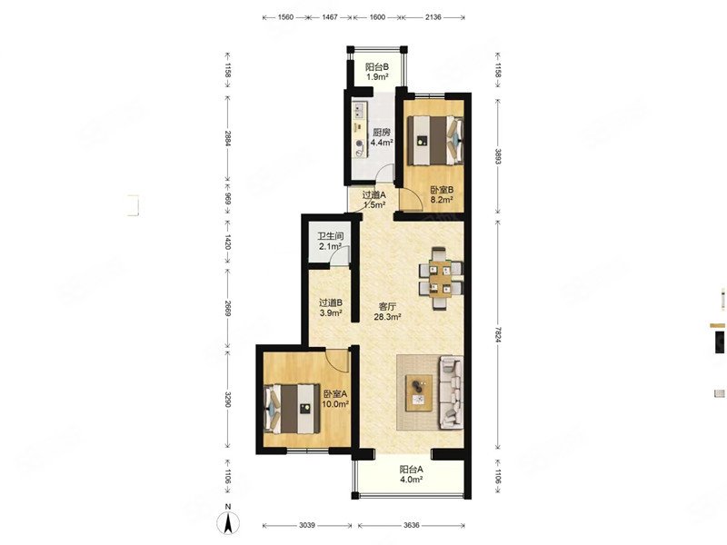 新鳳小區(qū)2室2廳1衛(wèi)87.13㎡南北195萬