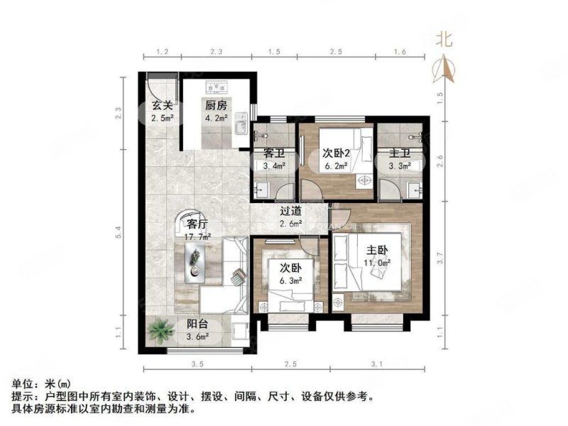 天鸿万象东方3室2厅2卫102.11㎡南北122万