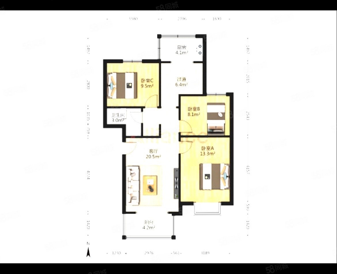 长庆湖滨花园(一区)3室2厅1卫87.73㎡南北84.5万