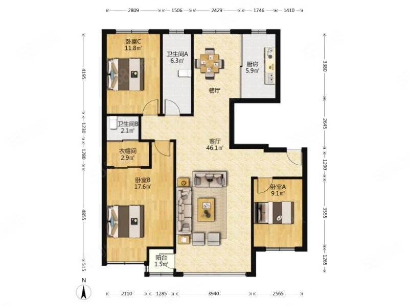 北府花园3室2厅2卫134.24㎡南北185万