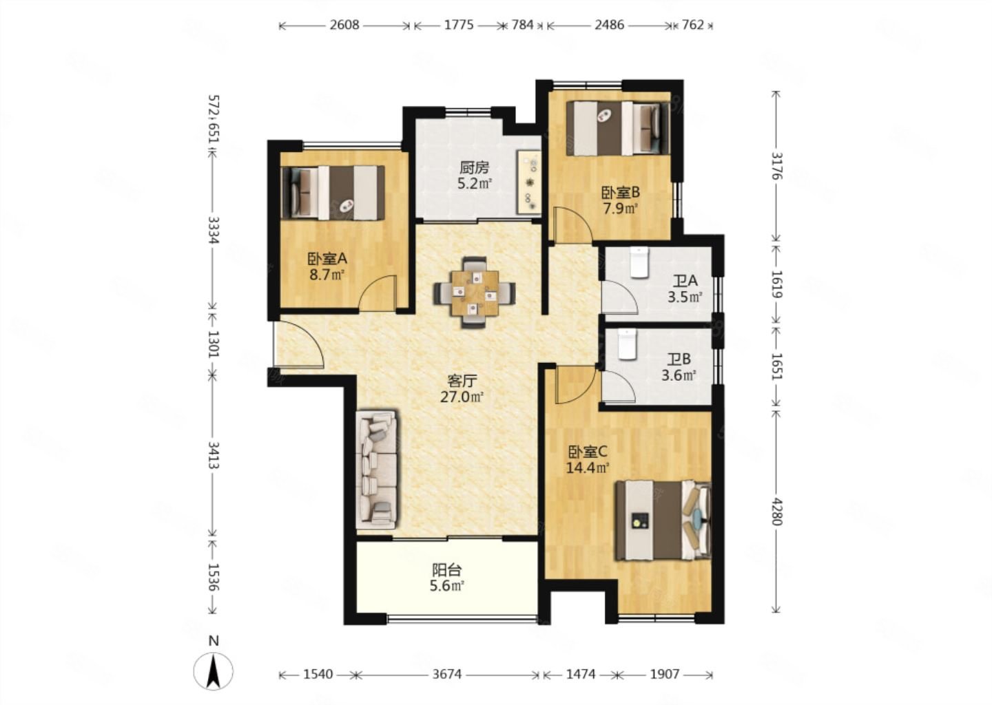 北城新境3室2厅2卫97.47㎡南北158万