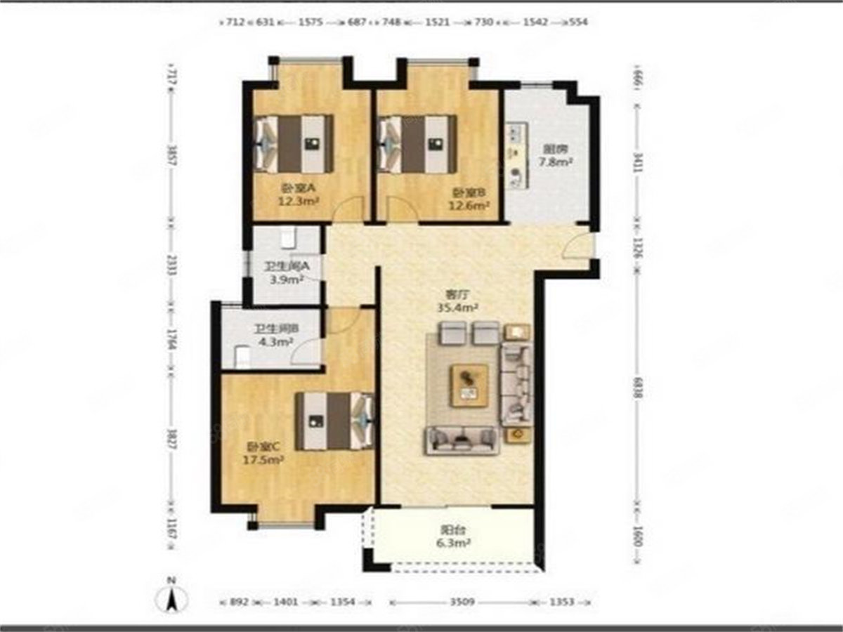 翰林公馆3室2厅1卫120㎡南北150万