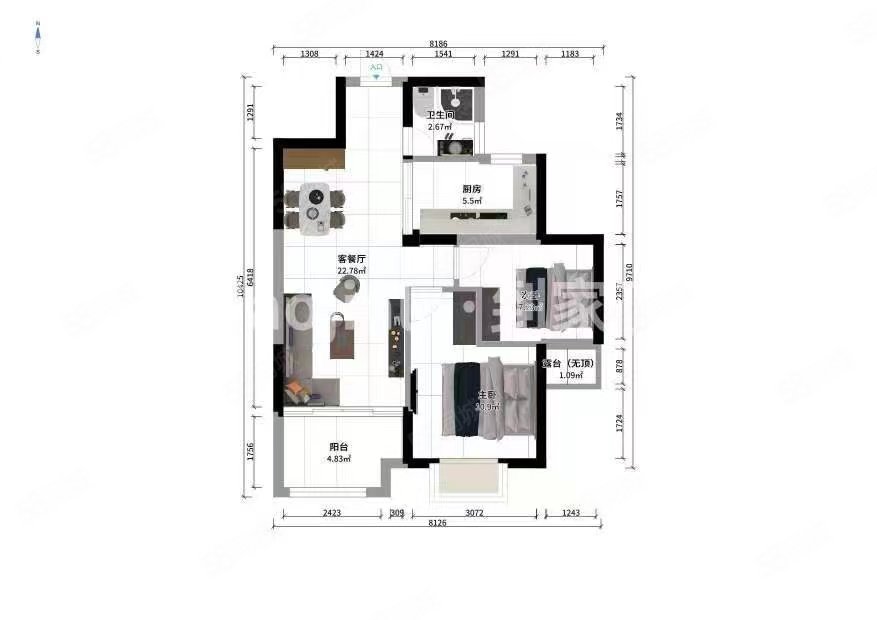 保利香槟国际2室2厅1卫68㎡南北182万