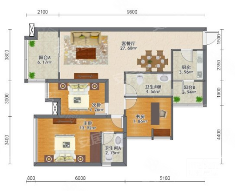 万锦城3室2厅2卫94㎡西168万