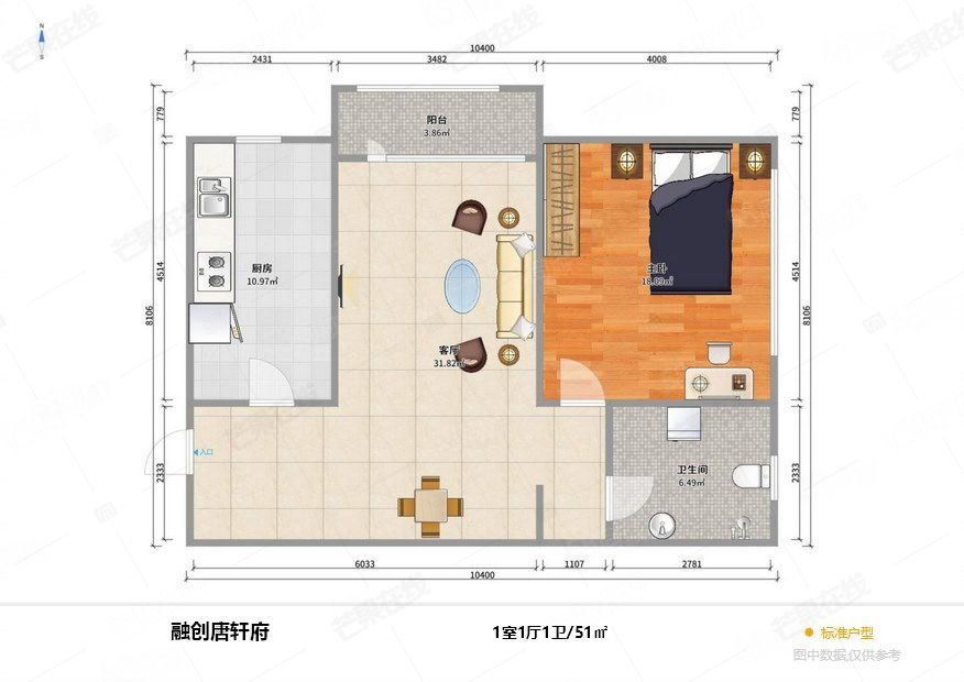 融创唐轩府1室1厅1卫50.89㎡东北39万