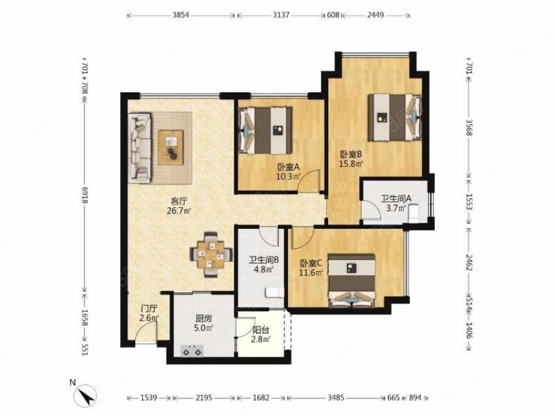 中加水岸3室2厅2卫102.97㎡南北210万