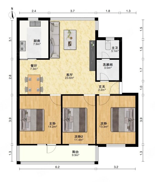 宁康园3室2厅1卫106.76㎡南北100万