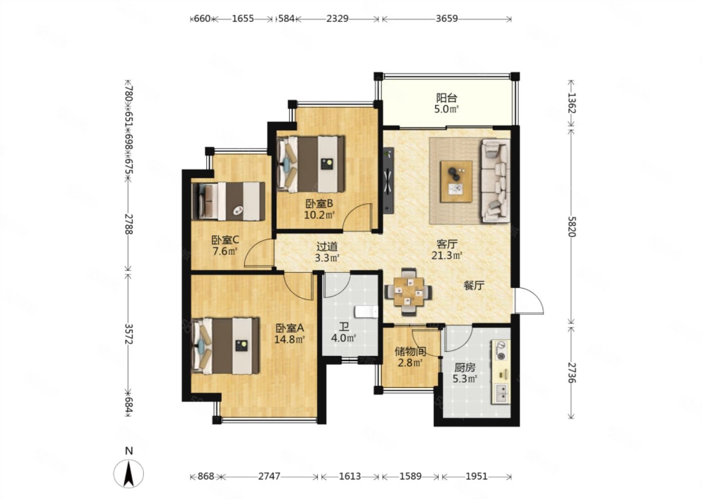 恒大绿洲东区3室2厅1卫100㎡北115万