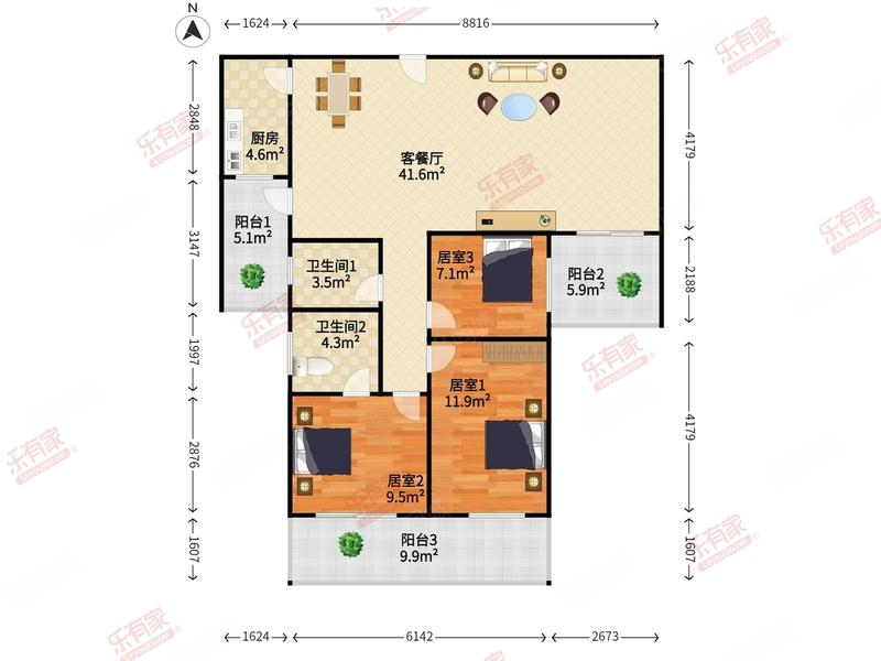 嘉麟豪庭3室2厅2卫117.08㎡南北830万