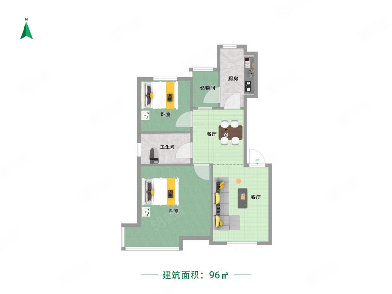 恒大绿洲(一期)2室2厅1卫95.58㎡南北72万