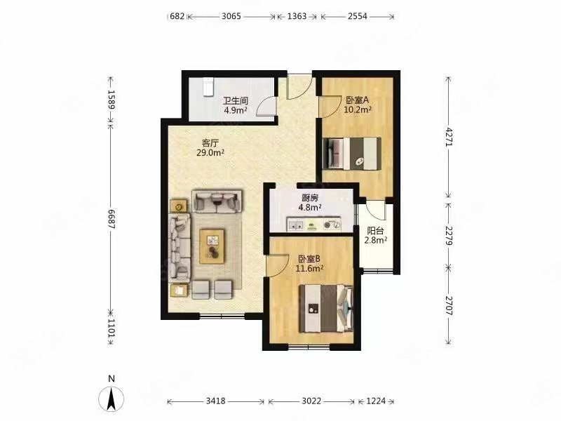 双合小区D区(建工双合家园D区)2室1厅1卫86.34㎡南338万