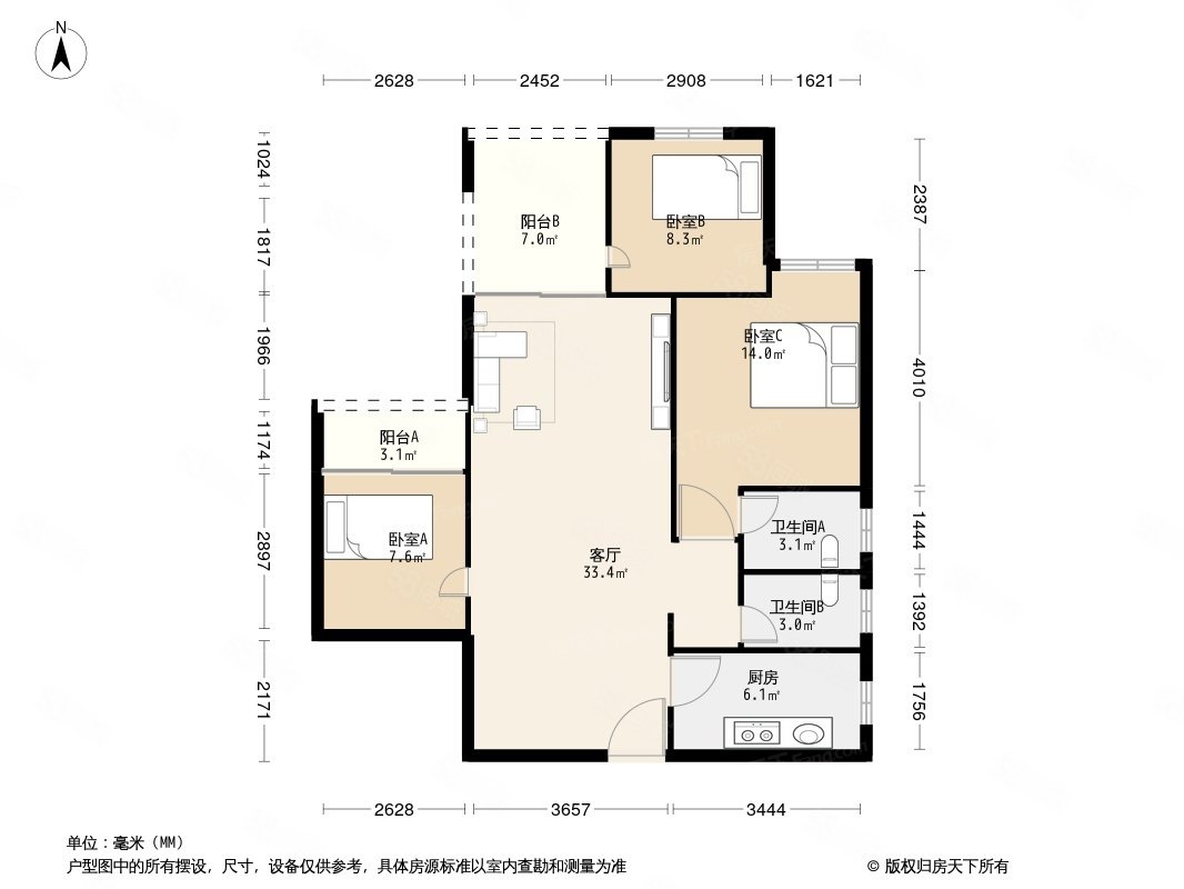 碧华达花园3室2厅2卫105㎡南60万