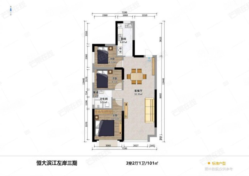 恒大滨江左岸3室2厅1卫100.91㎡南北89万