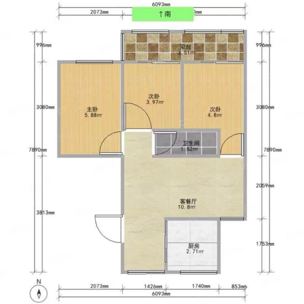 瓦市公寓3室1厅1卫98㎡南北150万