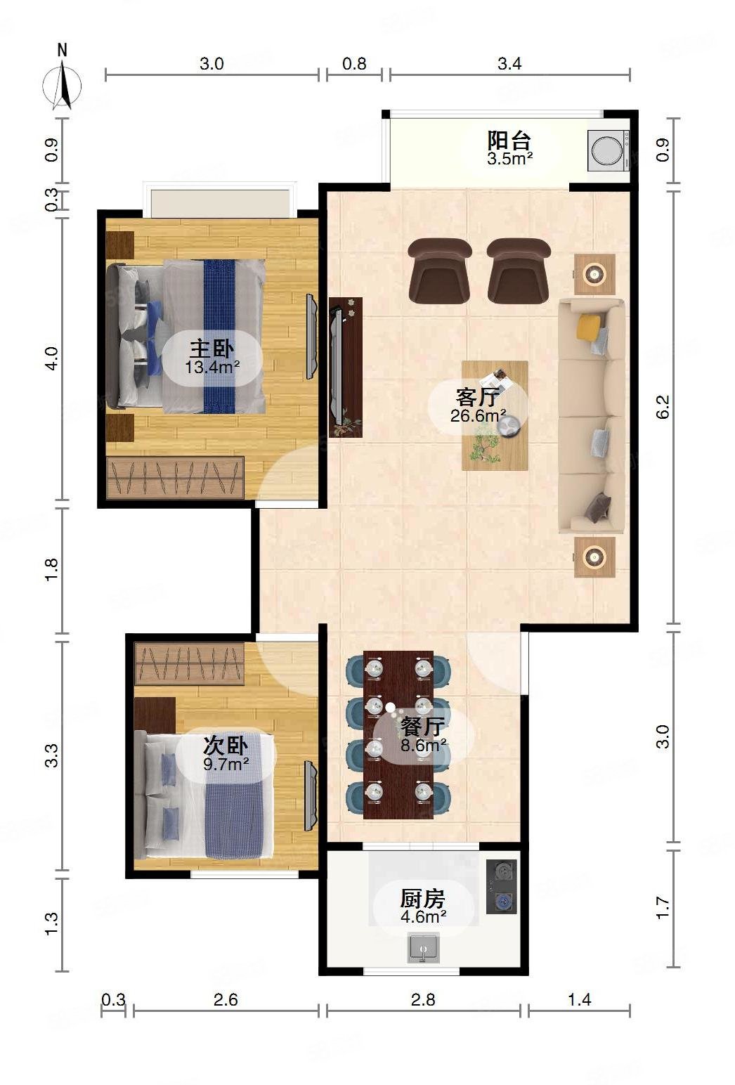 六盘山林业局小区2室2厅1卫98㎡南北57万