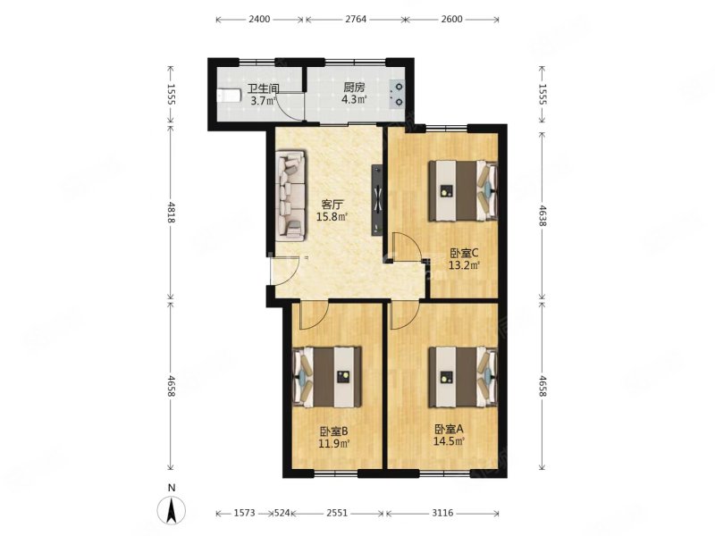 迎春二巷小区3室1厅1卫75.84㎡南北98万