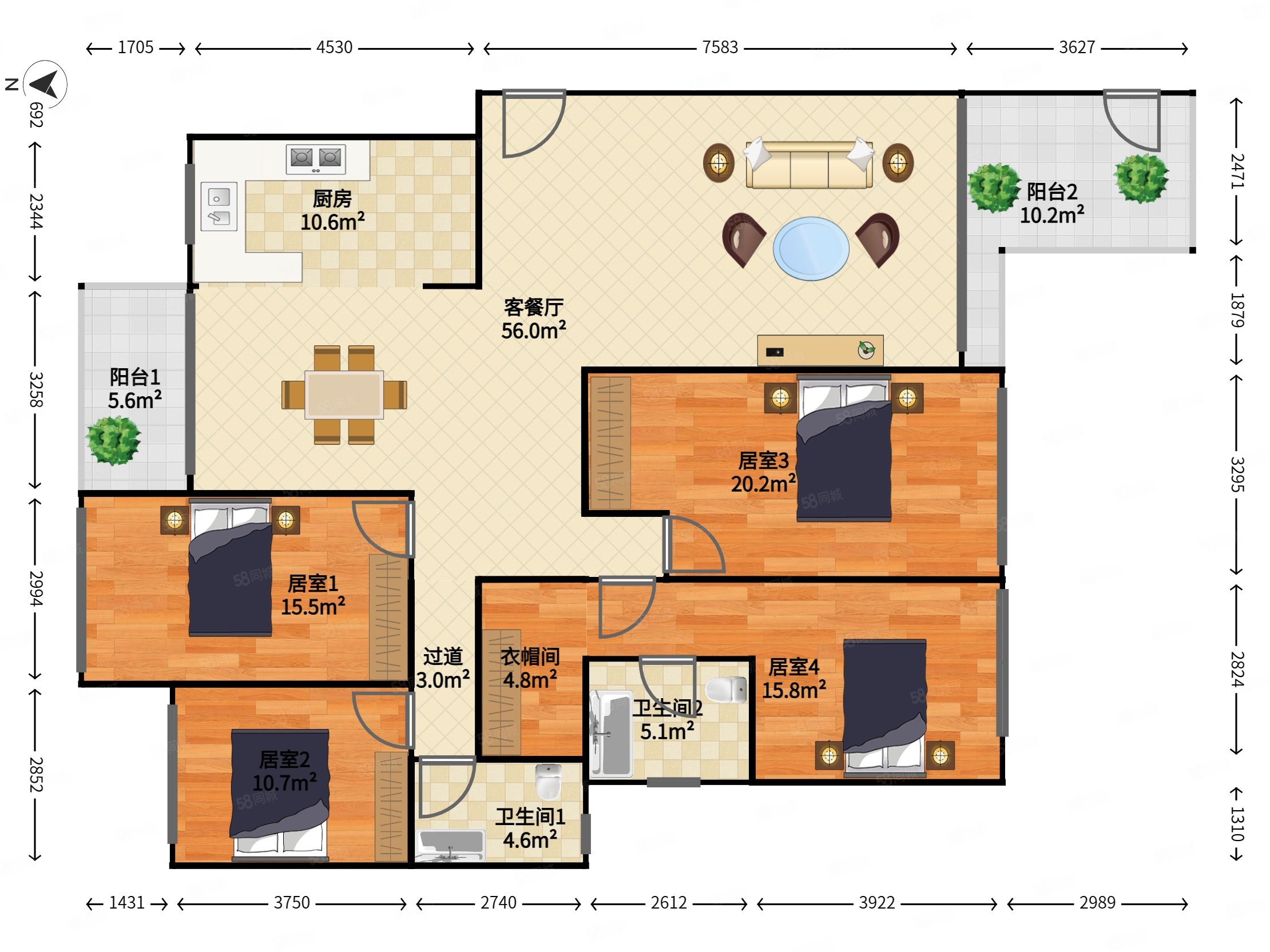 深业中城精装4房南北通采光通风好
