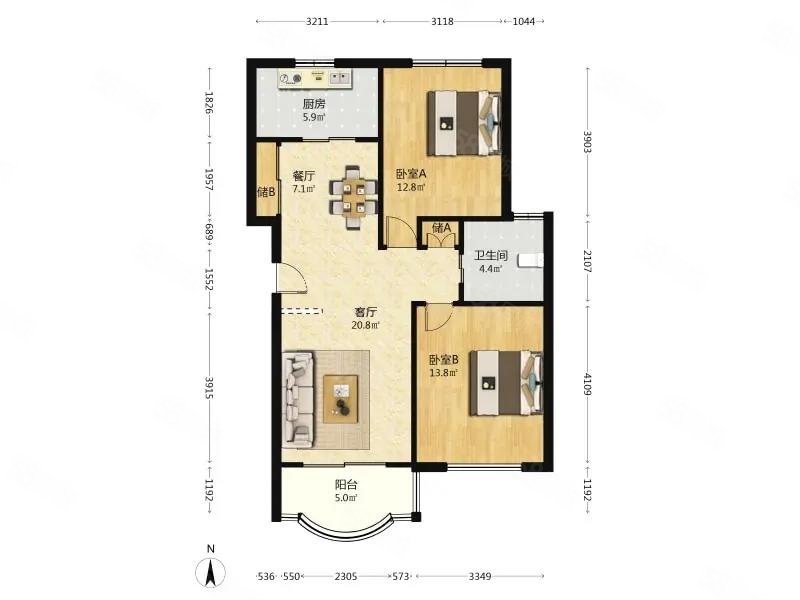 龙漕家园2室2厅1卫98.83㎡南北850万