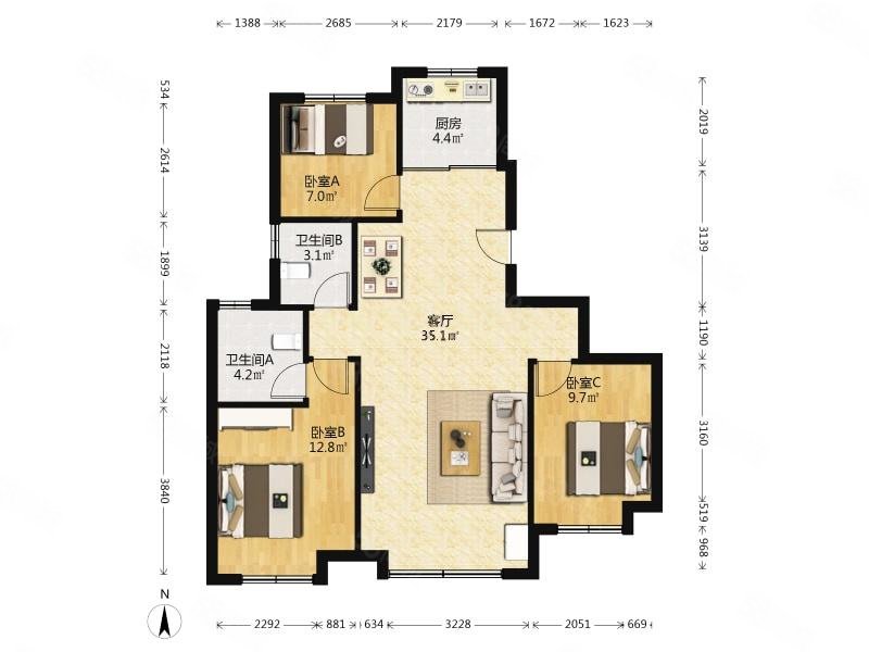 泉上文华3室2厅2卫113㎡南155万