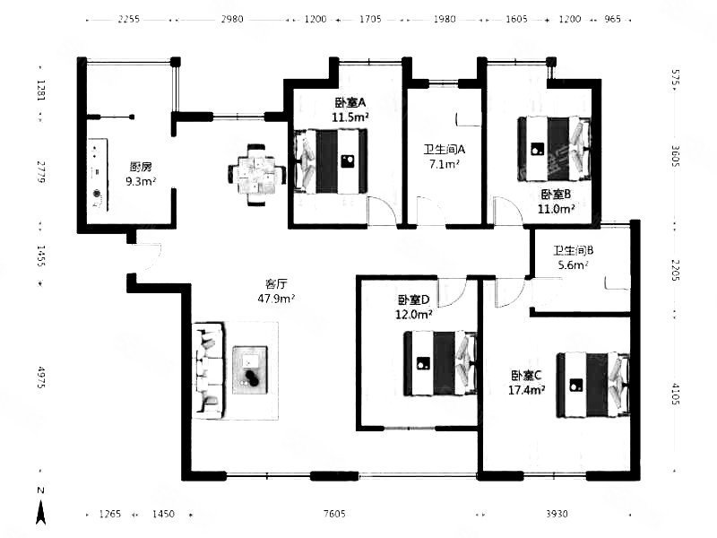 国润翠湖4室2厅2卫142.3㎡南128万